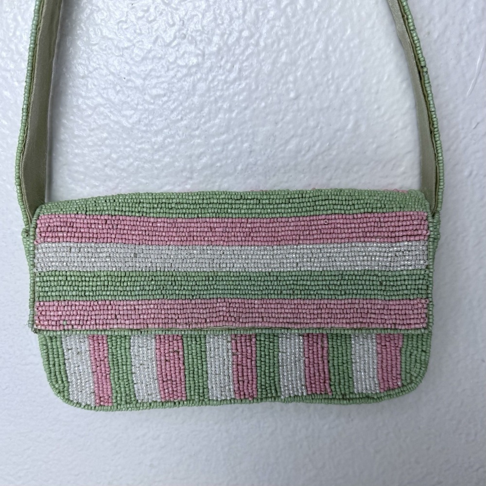 Beaded Green Punk White Stripe Shoulder Bag Purse Magnetic Closure Pastel Party